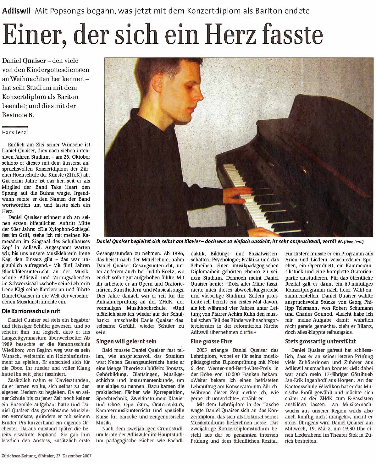 Daniel Quaiser Zürichsee-Zeitung Sihltaler Hans Lenzi Einer der sich ein Herz fasste 27.12.2007